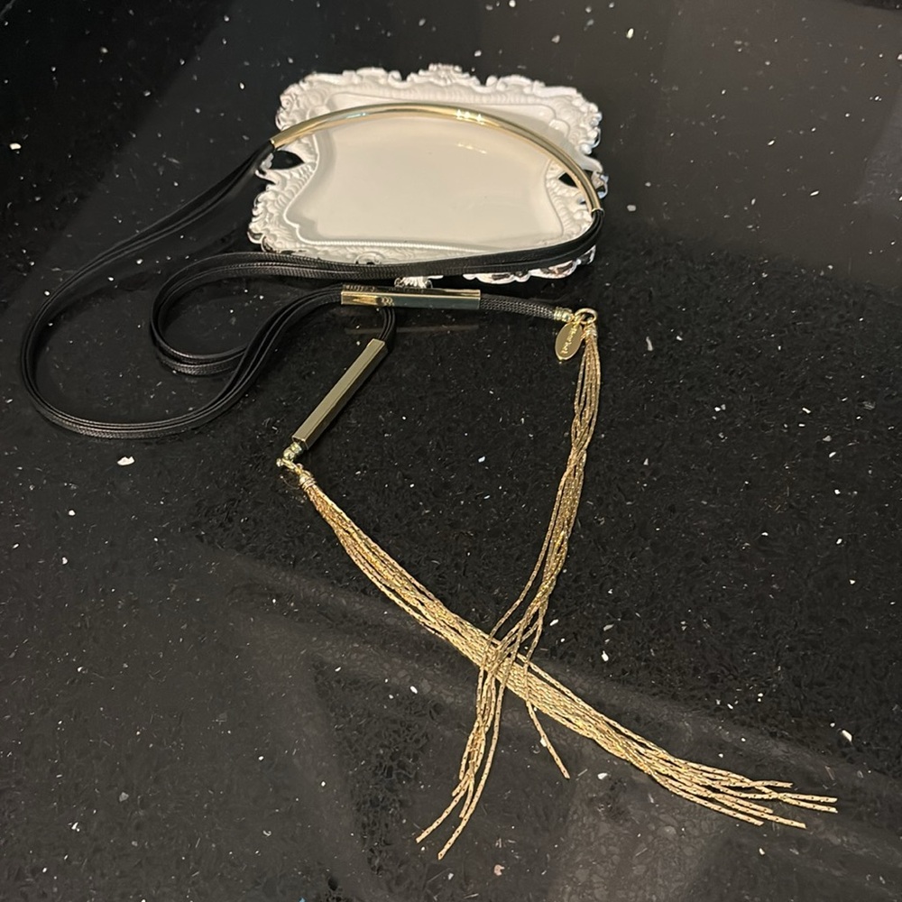 Sexy Black & Goldtone Choker Necklace with Tassel Chain Details Rock Biker Drama - Picture 8 of 11